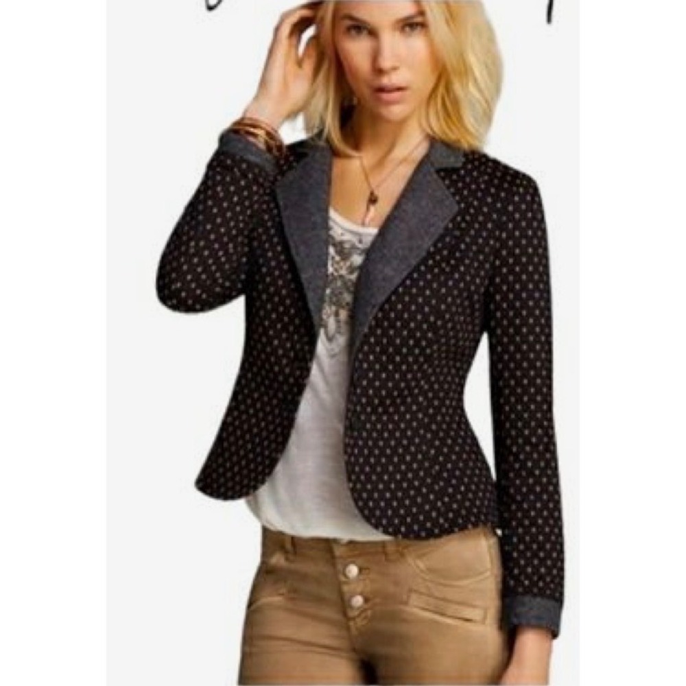 Free People Diamond Quilted Polka Dot Blazer Jacket Navy Tan M